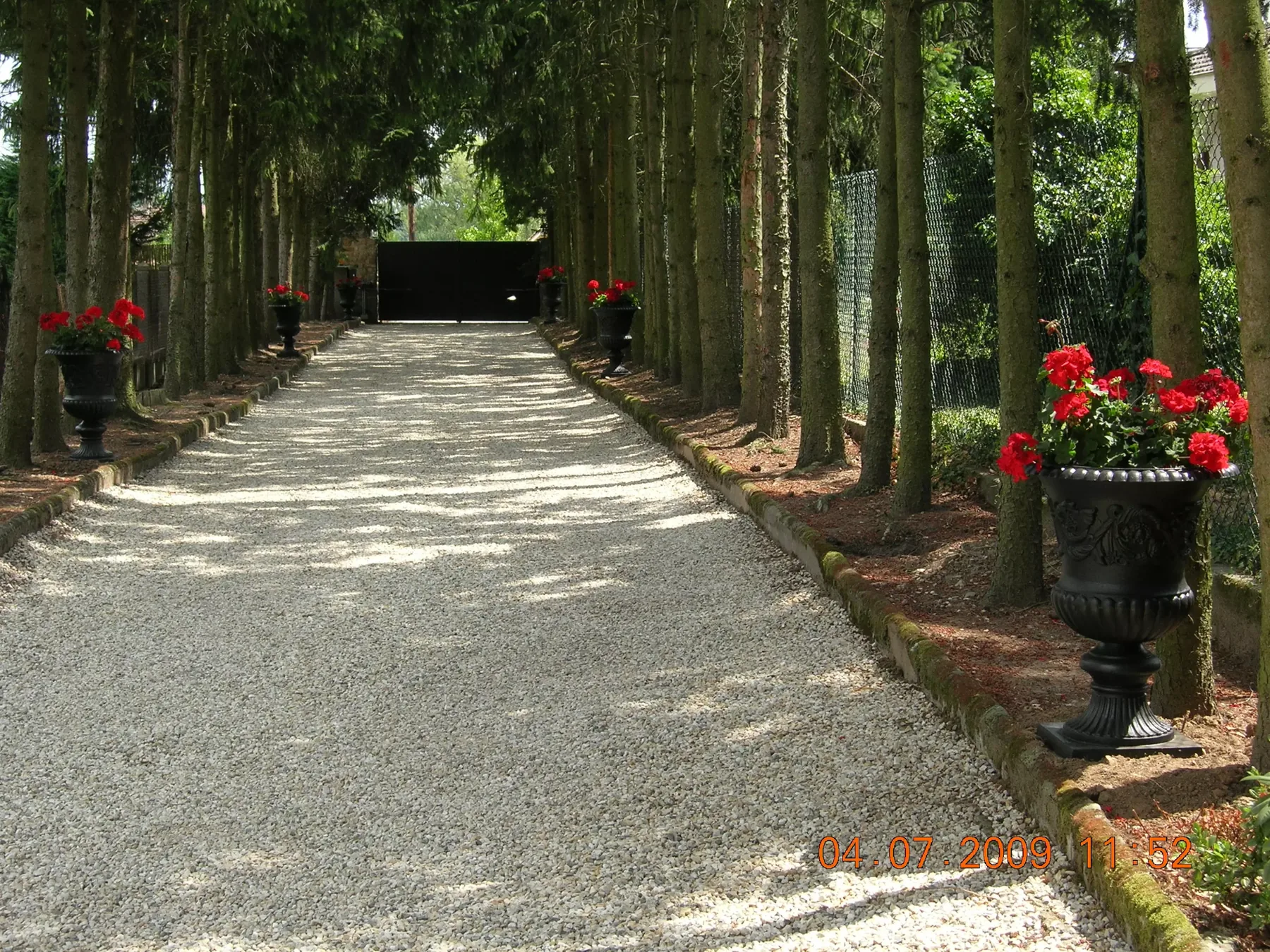 Grande allée en gravier bordée d’arbres et de fleurs